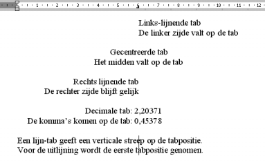 Concrete voorbeelden van de vijf soorten tabs: Tabs instellen met de muis Je kunt tabs ook maken of veranderen met de muis: Klik eerst op (helemaal rechts naast de liniaal).