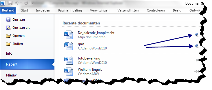01-4 Lijst met recente bestanden Vastgepinde documenten worden nu automatisch bovenaan in de lijst met recente bestanden gegroepeerd.