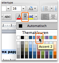 Klik in het snelmenu Tekst kleur op Accent 2. De documenttitel heeft nu een nieuw e tekstkleur, een nieuw lettertype en een nieuw e tekengrootte.