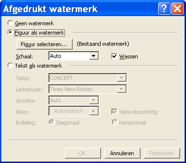 Na keuze van b.v. een logo klikt u op Invoegen en het logo wordt op elke pagina als watermerk getoond. U kunt ook kiezen voor tekst als watermerk.