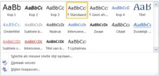 Word 2010 Specialist les 5 Een nieuwe stijl maken De makkelijkste manier om een nieuwe stijl te maken, is om een tekst in een bepaalde opmaak te zetten, deze te selecteren en