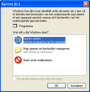 Sprint Plus 13 Hoofdstuk 3 - Eerste gebruik van Sprinto 3.1. Handleiding laten voorlezen 3.2.1 Sprinto starten 1. Als je Sprinto op de USB poort aansluit, dan krijg je het volgende venster te zien.