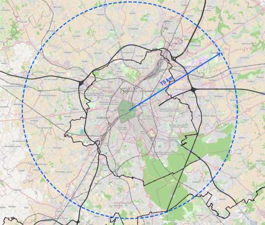 De Fiets-GEN zne strekt zich uit in een straal van ca. 15 km rnd Brussel. Onderstaande kaart is een afbakening van het studiegebied waarin de fiets-gen rutes wrden geselecteerd.