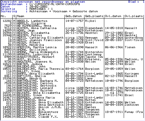 72 Cursus PRO-GEN voor beginners PER-PLTS, Overzicht personen met recordnummer en plaatsen N.B. Een computerscherm is 80 DOS-tekens breed. Sommige lijsten zijn breder.