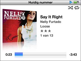 Als een nummer wordt afgespeeld, wordt het scherm 'Huidig nummer' weergegeven. In de tabel hieronder worden de onderdelen in het scherm 'Huidig nummer' op de ipod nano beschreven.