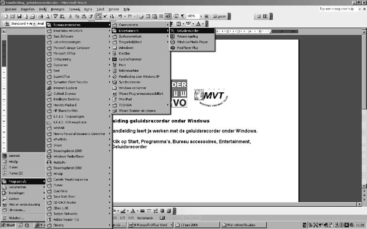 07 Handleiding werken met de geluidsrecorder Inleiding Deze handleiding leert je werken met de geluidsrecorder onder Windows. 1.