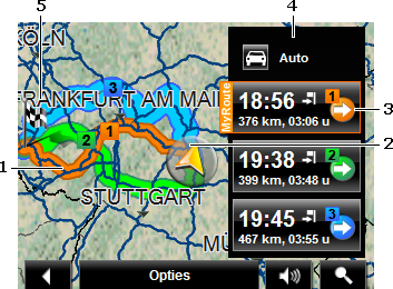 U heeft een route gepland of geladen en op Route weergeven gedrukt. De kaart gaat open in de modus Preview. 1 Als de functie MyRoutes is geactiveerd, worden in de kaart tot max.