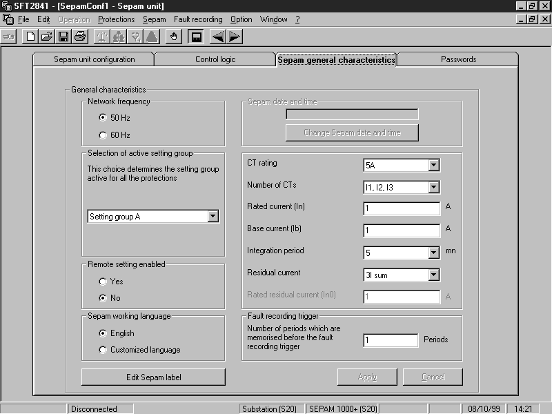 systeemknoppen voor de manipulatie van het venster, B: de menubalk die toegang geeft tot alle functies van de software SFT 2841 (de niettoegankelijke functies worden in het grijs weergegeven), C: de