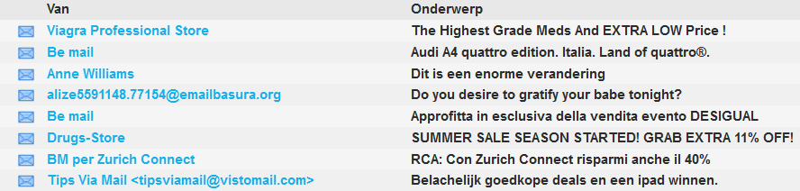 8 Wat is spam? Met spam worden e-mails met ongevraagde en ongewenste reclame bedoeld. Bijvoorbeeld voor het bestellen van medicijnen, online gokken of louche datingwebsites.
