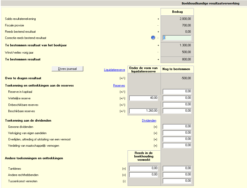 1.1.4. Voorbeeld Het resultaat van het boekjaar vóór belastingen en vóór aanleg van de liquidatiereserve bedraagt 2.000,00 euro. De geraamde belasting op dit resultaat bedraagt 570,00 euro.