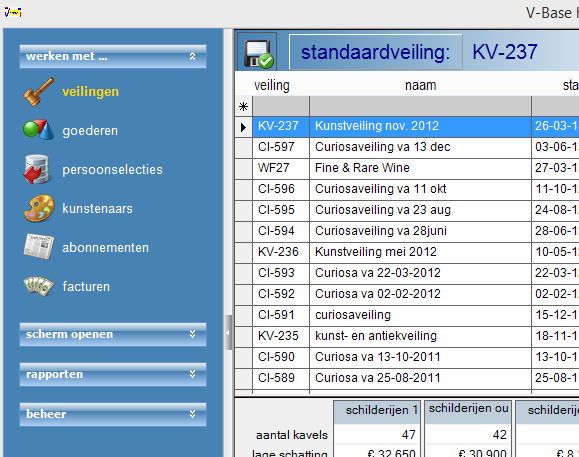 1. starten V-Base V-Base opent het veilingenscherm en de standaardveiling die de laatste keer is gekozen.