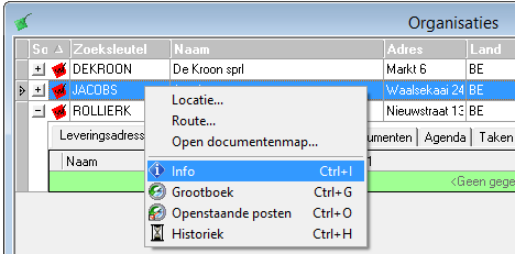 Meer info over de organisatie met de rechtermuisknop: Door gebruik te maken van de rechter muisknop kan bijkomende informatie over de organisatie worden opgevraagd vanuit CRM.