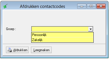 5.3. Basis-/hulpbestanden-organisatiecodescontactcodes Het afdrukken van organisatie- en contactcodes is beschikbaar langs het menu