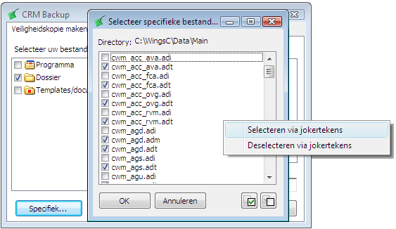 Het gebruik van jokertekens Als je de knop aanklikt kom je terecht in een scherm waarin je bestanden kunt selecteren.