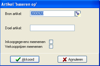 - Artikel baseren op Indien u een nieuw artikel wilt ingeven, dat (vrijwel) overeenkomt met een bestaand artikel, kunt u middels deze functie dit artikel vanuit