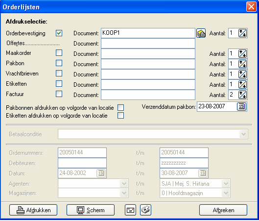 U kunt hier een kortingspercentage of een bedrag invoeren. Afdrukken Wanneer de order gereed is, kan deze worden geprint. Er verschijnt een nieuw scherm. U dient een afdruk selectie te maken.