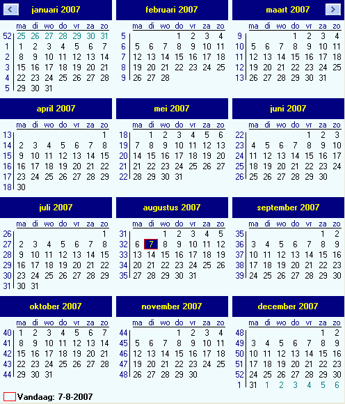 Toon een kalender. Op deze kalender treft u de actuele datum aan en de weeknummers die bij een bepaalde datum horen (nog een keer klikken en de kalender is weer weg).