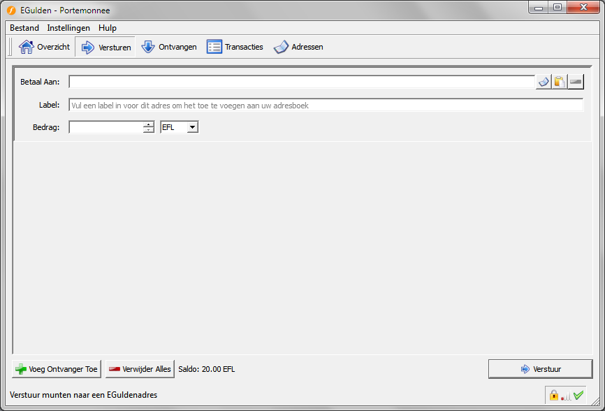 e-gulden VERSTUREN De portemonnee is nu gevuld met 20 EFL.