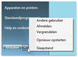 Afsluiten Klik op de startknop: De knop Afsluiten wordt weergegeven rechtsonder in het menu Start.
