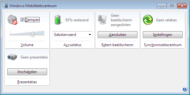 Mobiliteitscentrum voor laptops Het Mobiliteitscentrum (bereikbaar via het configuratiescherm of met de toetscombinatie Windows-toets-X) biedt laptopgebruikers een snel toegankelijk menu met