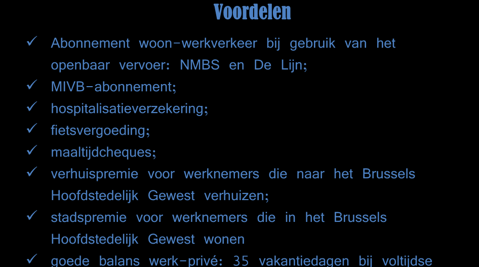 Ons aanbod Naast een uitdagende functie in een dynamische omgeving biedt de Vlaamse Gemeenschapscommissie voor de functie van deskundige een niet-geïndexeerde jaarwedde tussen 16 760 EUR en 24 460