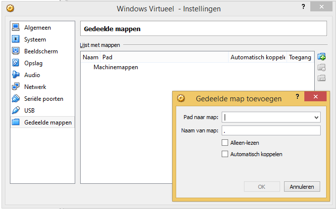 5.7 Gedeelde mappen VirtualBox 4.3.14 Met de functie Gedeelde mappen kan je mappen van je host openen op je virtuele computer. Zo kan je bestanden uitwisselen tussen de virtuele en fysieke computer.