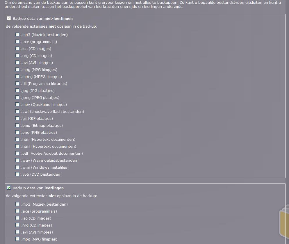 5 4. LET OP: Als u bepaalde bestands extensies wilt uitsluiten uit de backup vinkt u deze aan.