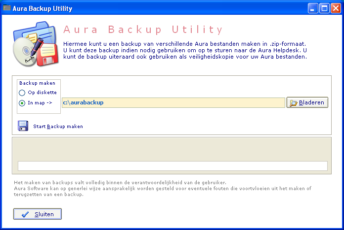 Back-up maken Het regelmatig maken van een back-up is natuurlijk van essentieel belang bij een toepassing als Aura: de gegevens in Aura ComputerReserveren veranderen immers dagelijks en een ongeluk