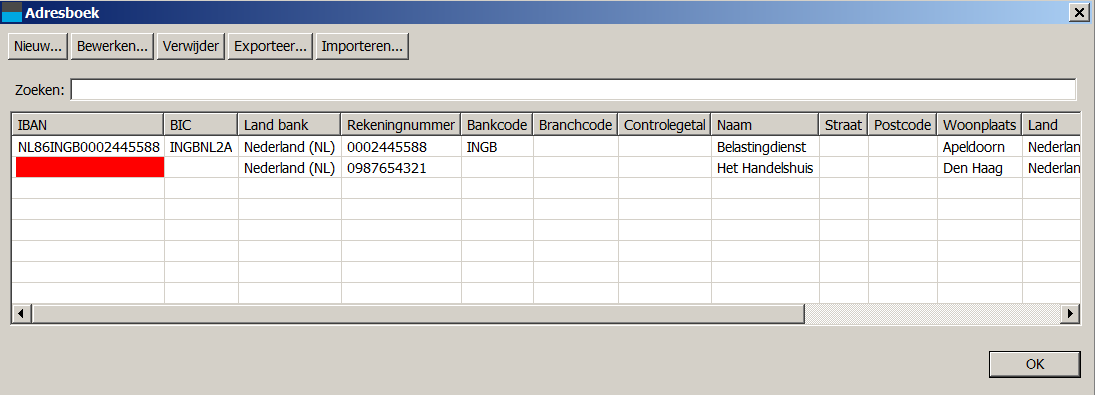 Figuur 13: Een nieuwe rekening zonder IBAN en BIC Nadat u de laatste invoer heeft bevestigd met Ok ziet uw adresboek er uit zoals in Figuur 14.