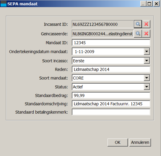 Figuur 15: Een SEPA mandaat U kunt de volgende velden invullen: Incassant ID. Hier kunt u uw incassant ID uit een lijst selecteren.