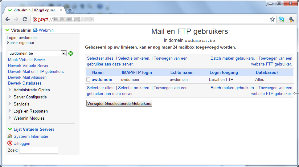 Een Mail of FTP gebruiker maken. Klik in het linkse gedeelte op Bewerk Mail en FTP Gebruikers.