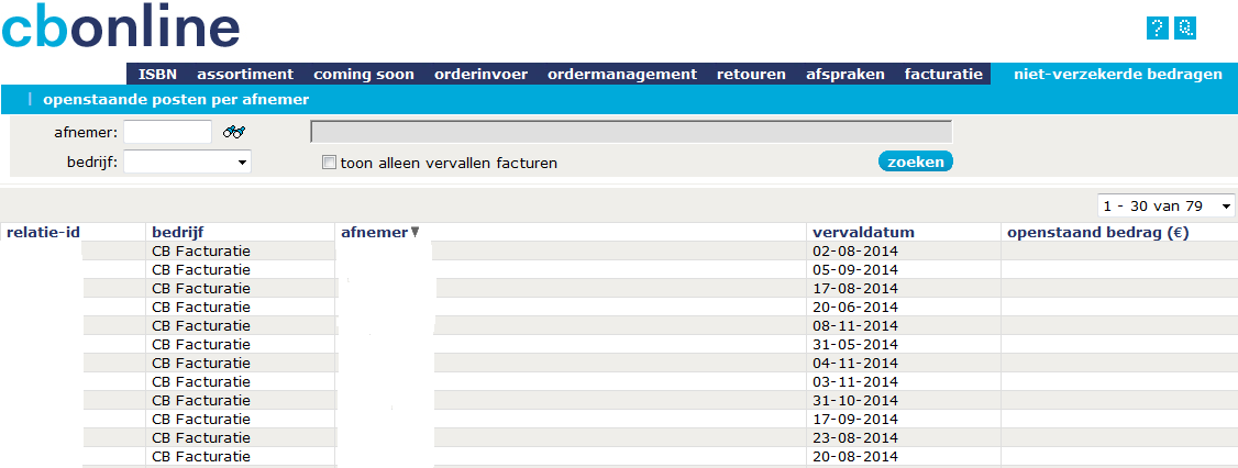 18. Niet-Verzekerde Bedragen 18.1. Subtabblad openstaande posten per afnemer In dit scherm is een overzicht te vinden van het actuele incassorisico dat de uitgever loopt.