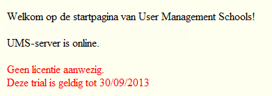 3 Opbouw 3.1 Webinterface 3.1.1 Startpagina Naast de verwelkoming staan er drie belangrijke zaken op de startpagina Engine Er wordt automatisch gecontroleerd of er verbinding kan gemaakt worden met de UMS-Engine.