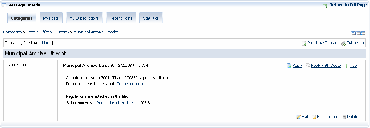 Using the message board Opening categories, threads and messages The Message Board is located on the tab page Forum. The message board consists of several categories.