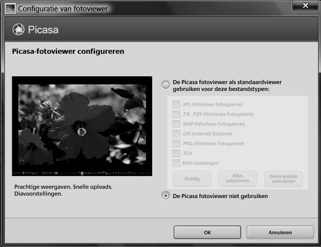 Picasa stelt voor om de Picasafotoviewer steeds te gebruiken. (Dit zou bv Windows- viewer uitschakelen) Wij opteren echter voor De Picasa fotoviewer niet gebruiken.