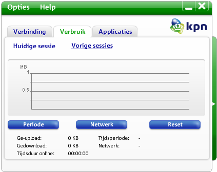 4.1 Vorige sessies Het paneel Vorige sessies toont statistieken met betrekking tot alle uitgaand (upload) en inkomend (download) verkeer via het Dashboard binnen een bepaalde periode.