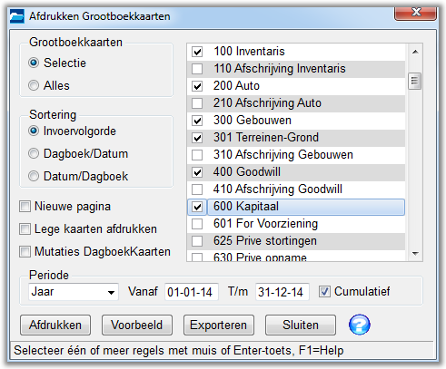 7.3 Afdruk-menu/Grootboekkaarten Grootboekkaarten Afdrukken Grootboekkaarten Selectie Gekozen kan worden tussen het afdrukken van een selectie van grootboekkaarten of alle grootboekkaarten in het vak