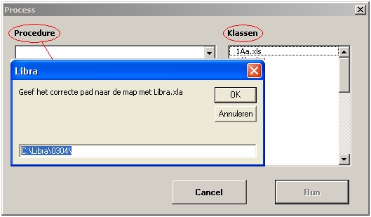 Als je op de labels PROCEDURE en KLASSEN klikt kun je het juiste pad naar het bestand Libra.xla en de Puntenboeken ingeven. Kies een PROCEDURE in de lijst uit het bovenste selectievak.