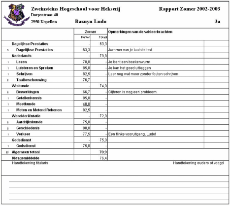 Maandrapport met Hoofd- en deelvakken waarbij voor elk