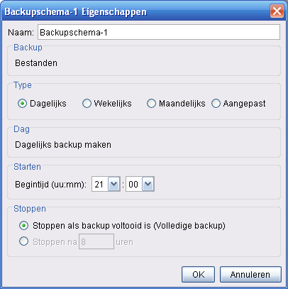 6.3.Back-up schema In het venster van het back-up schema kunt u de back-up taak inplannen. De frequentie kan verschillen in dagelijks, wekelijks, maandelijks en zelfs jaarlijks.