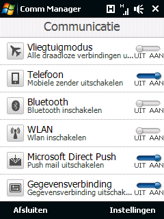 Tik op Start > Programma s > Comm Manager. Programma s 235 Tik op Start > Instellingen > tabblad Verbindingen > Comm Manager. 1 2 3 4 5 6 1 Schakelen Vliegtuigmodus aan of uit.