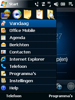 46 Aan de slag 1.9 Startmenu Via het Startmenu, linksboven in het scherm, hebt u toegang tot alle programma s en instellingen van uw toestel met Windows Mobile.