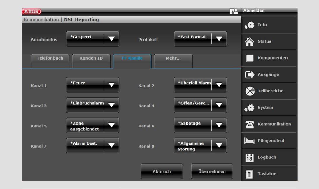 Meldkamer reporting, FF-kanalen (alleen bij protocol Fast Format ) Kanaal 1 tot 8 Verklaring (keuzevakje) Drop-down menu voor: Niet gebruikt Inbraakalarm Bev.