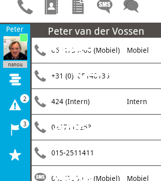 Een klik op het telefoon icoon van dit subscherm laat de telecomadressen van de betreffende