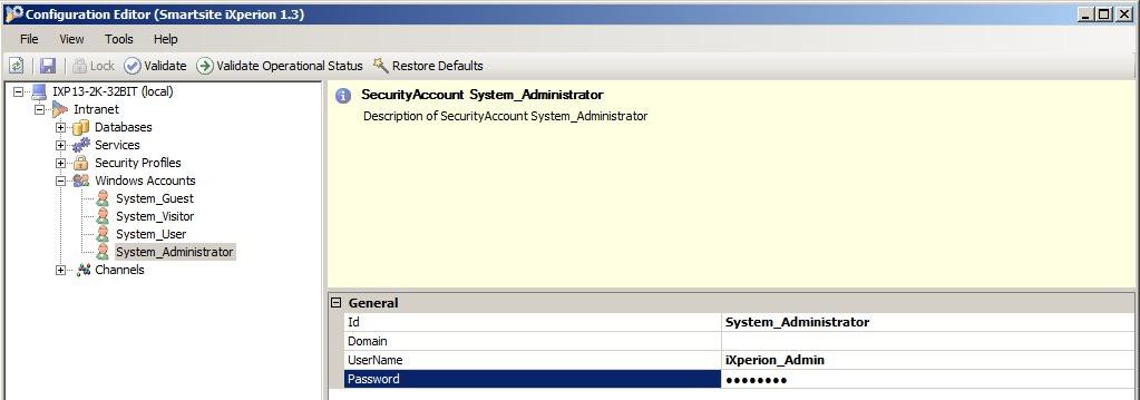 Selecteer voor het Administrator SecurityProfile de ixperionadmin Windows Accounts Geef voor alle NT accounts