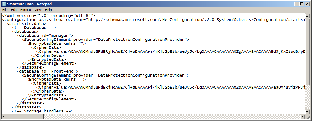 De OLE DB database connectionstrings in de Smartsite.Data.config zijn niet meer leesbaar door de encryptie. 3 - Warning: ASP.