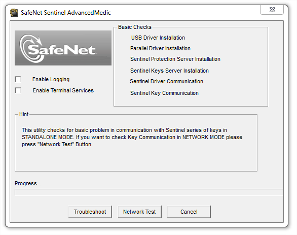 3.1.3.2 Controle werking dongle 1. Start het bestand Sam1.3.1.exe: De Sentinel Advanced Medic verschijnt op het scherm. Druk hier op Troubleshoot: 2.