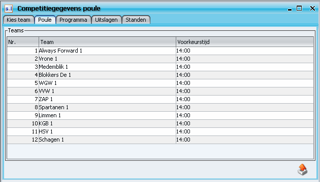 8.7.1 Poule- indelingen Onder het tabblad 'Poule' worden alle ingedeelde teams met de voorkeur voor de aanvangstijden weergegeven. 8.7.2 Wedstrijdprogramma Onder het tabblad 'Programma' staan alle wedstrijden voor de komende periode.