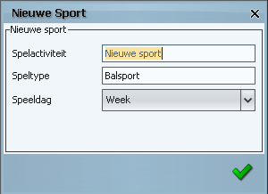 4.3.4.1 Invoeren nieuwe sport Na de keuze van het menu verschijnt het volgende scherm: Klik voor toevoegen van een sport op nieuwe sport worden ingevuld:.