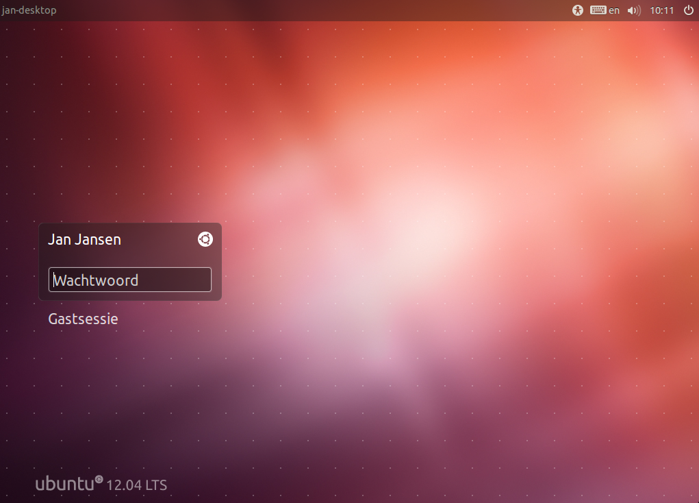 . Aanmeldscherm Nadat de installatie voltooid is en de computer opnieuw gestart, verwelkomt Ubuntu u met het aanmeldscherm.